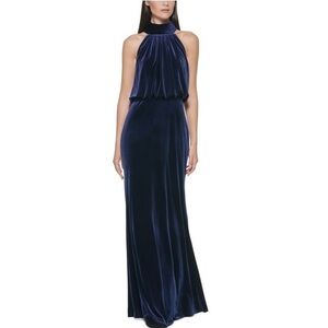 NWT ELIZA J Velvet Mock Neck keyhole back Maxi Gown Evening Dress Ruched Navy